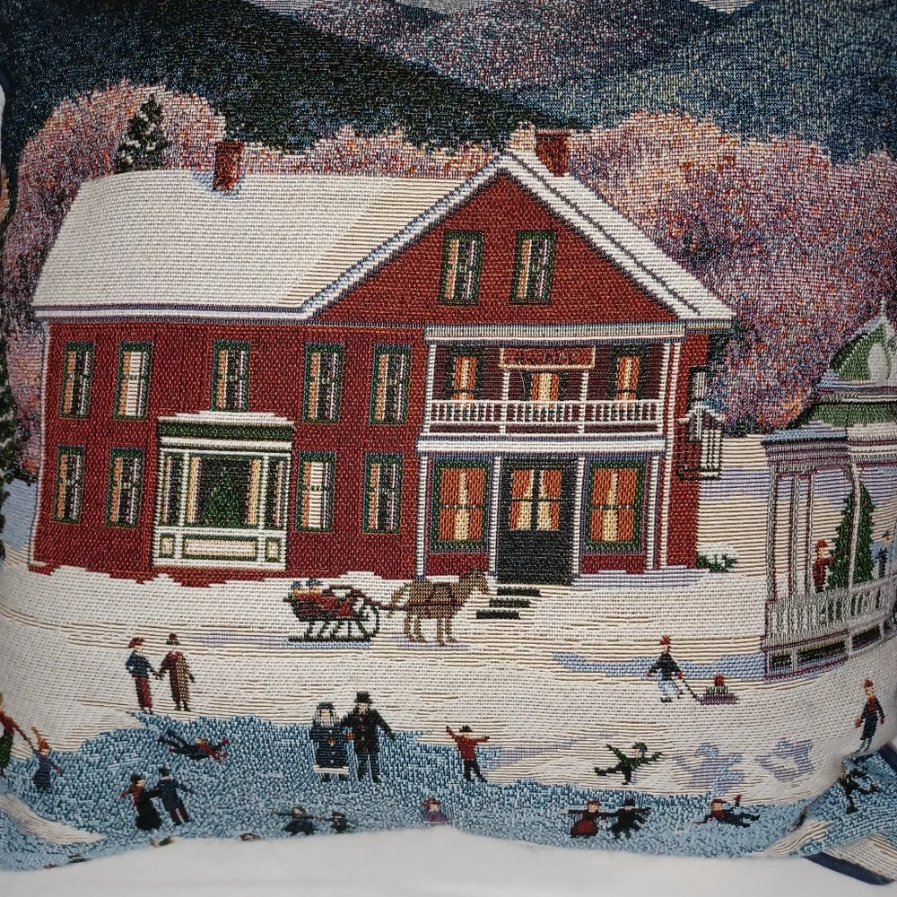 Holiday Tapestry Pillow with Winter Scene 16x16 Christmas Decor